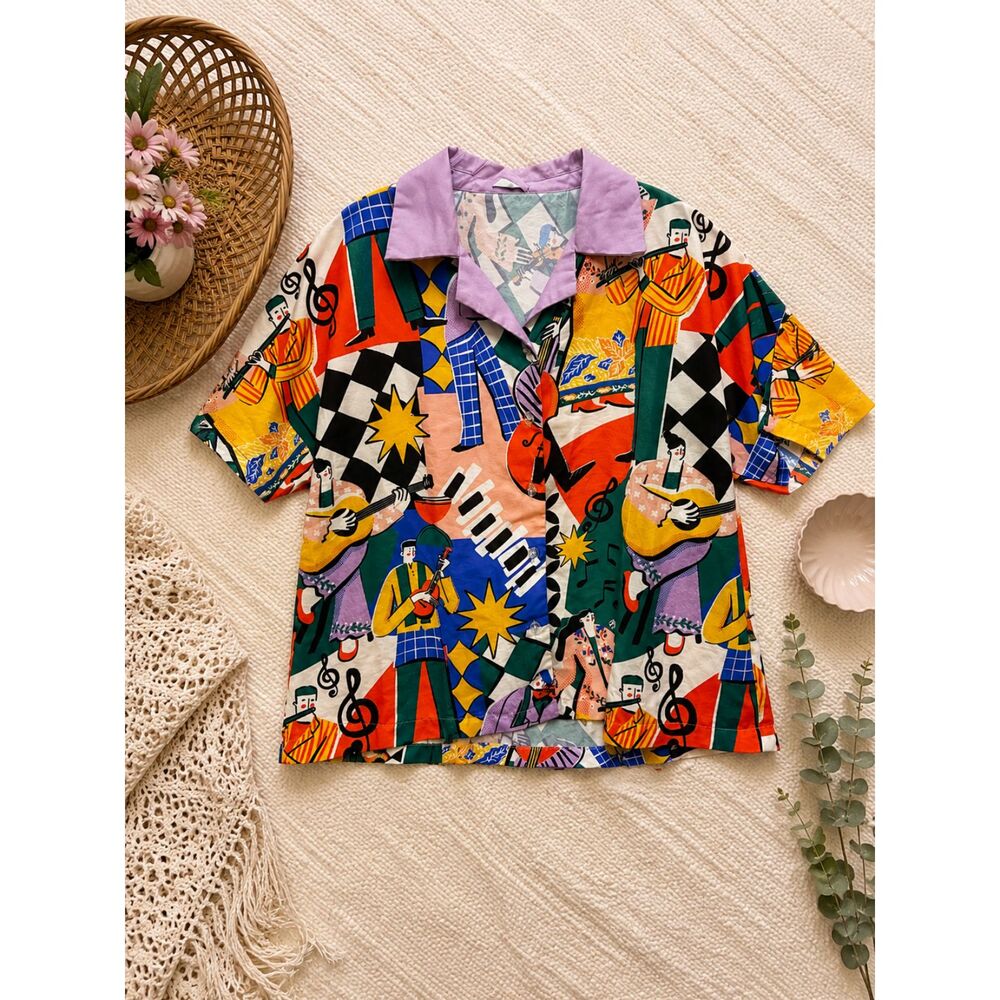 SOVLO Abstract Musician Print Button Front Blouse Size M/L Colorful Retro Art